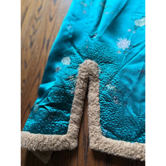Turquoise Asian Silk Faux Fur Warm Cozy Coat Fall Winter Boho Artsy Chinoiserie - Picture 9 of 11